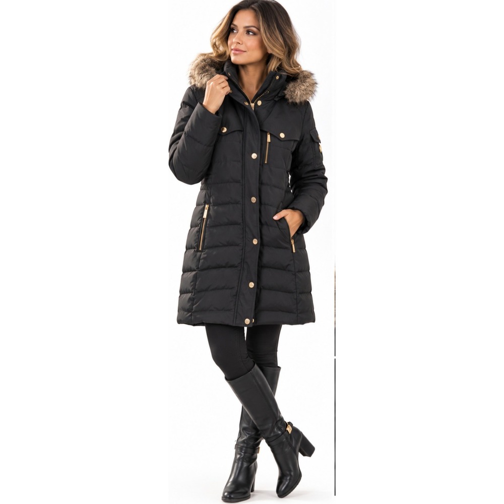 MICHAEL KORS Women's Medium Black Down Puffer Coat Faux Fur Hood Gold Hardware